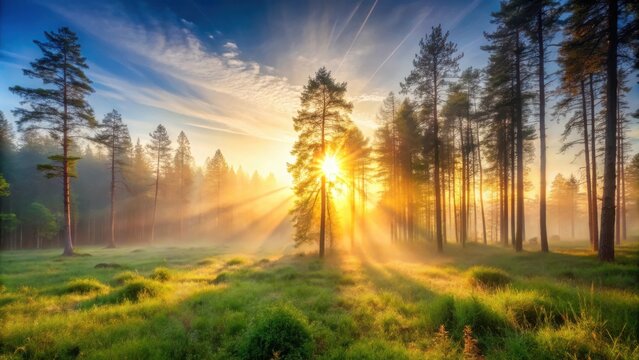 Foggy sunrise in a forest clearing