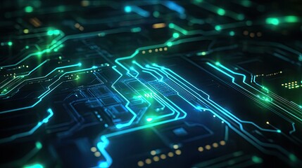 Obraz premium Futuristic circuit board wallpaper with glowing blue and green lines, representing technology and connectivity in an abstract design.
