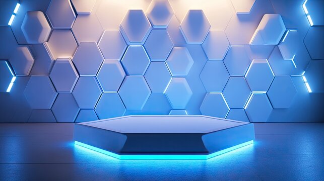 Futuristic 3D podium in the shape of a hexagon, glowing with blue light against a minimalist background, ideal for product photography
