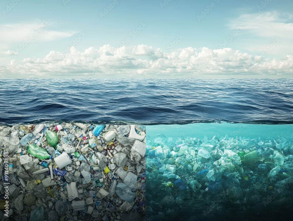 Wall mural environmental contrast: pristine ocean vs. polluted sea with plastic waste - ultra realistic image o