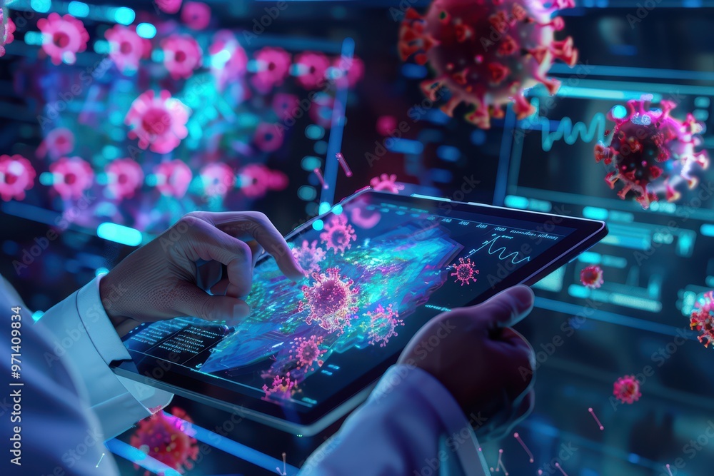 Poster a scientist analyzes virus data on a tablet, surrounded by digital representations of viruses and he