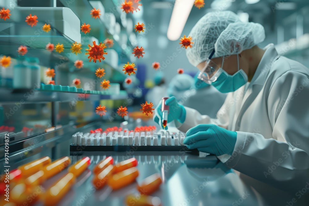 Poster a scientist conducts research in a modern lab, analyzing samples with advanced techniques and visibl