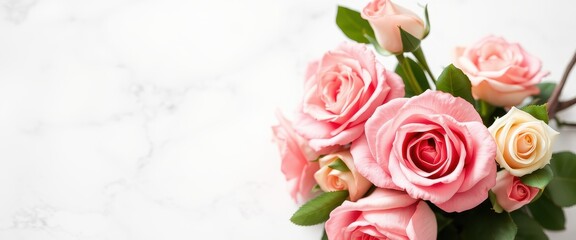 Fototapeta premium Pink and White Roses on a White Marble Background
