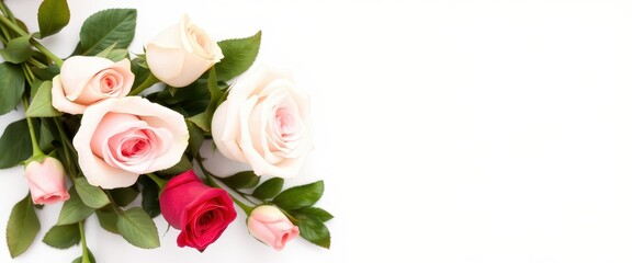Pink and Red Roses with Green Leaves on a White Background