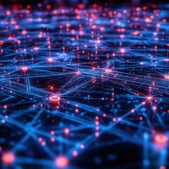 Fototapeta premium Abstract digital network with glowing nodes and lines, symbolizing technology, connectivity, and data transmission.