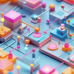 Colorful abstract design featuring interconnected geometric shapes and vibrant patterns, suitable for tech and digital themes.