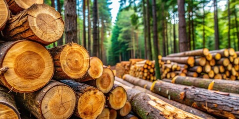 Close-up of freshly chopped logs in a dense forest setting