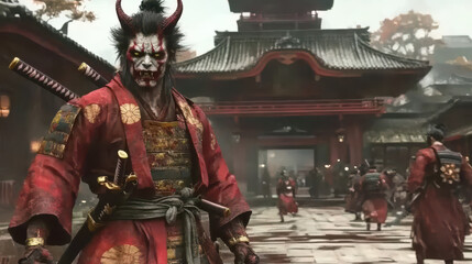 demonic figure, likely a yokai, in a feudal Japanese setting.