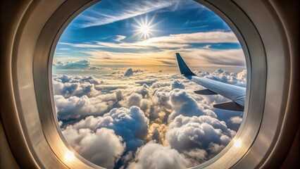 Airplane wing soaring above fluffy clouds with tilted horizon view from porthole window