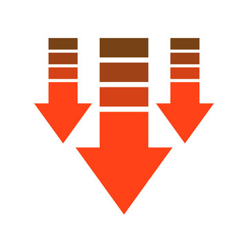 Downward gradient arrow icon. Red decreasing arrow. Financial, loss, recession, business concepts. Flat vector isolated design illustration.
