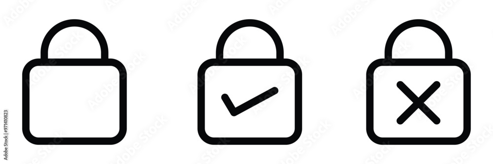 Poster set of silhouette of locked and unlocked padlock. flat design. close and open lock collection. priva