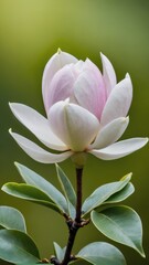 A close-up of a pink and white magnolia flower with green leaves against a blurred background.