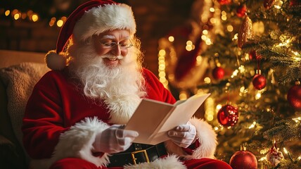 Santa Claus smiling while reading a letter near a beautifully decorated Christmas tree with glowing lights and ornaments.