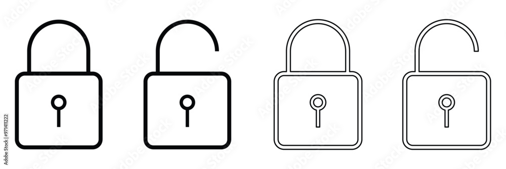 Poster lock icon collection. locked and unlocked black line icon set. flat security symbol. lock symbol iso