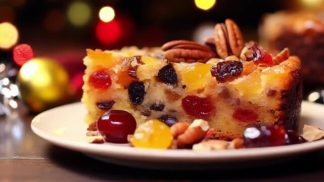 Slice of christmas fruitcake is plated and topped with pecans and candied fruit on a white plate, with a fruitcake loaf in the background