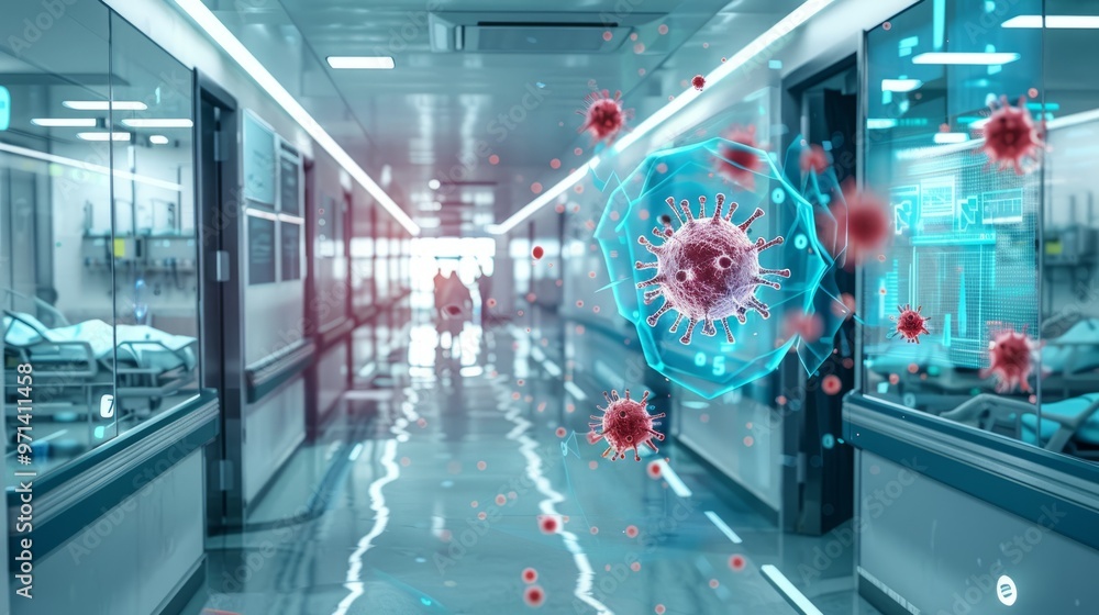 Poster a hospital hallway with a computer screen showing a virus