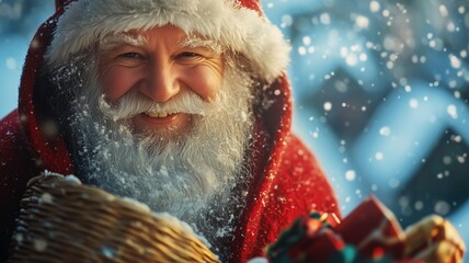 Pre Nol with a gentle smile, dressed in a traditional red cloak, holding a basket of gifts, standing in a snowy village with a bright blue background.