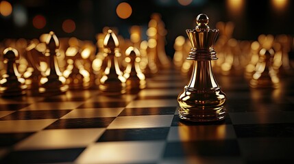 Luxurious gold chess pieces on a black chessboard, illuminated by soft, moody lighting, creating a high-stakes atmosphere.