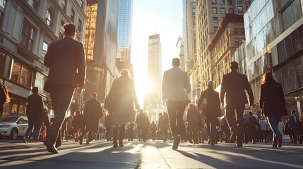 Obraz premium Silhouetted Figures Walking on a City Street at Sunset