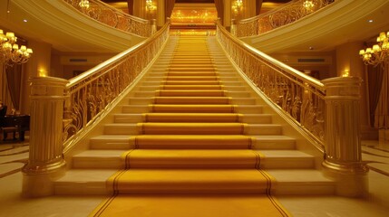 Luxurious golden staircase draped with a yellow carpet, set against a lavish, upscale interior design with warm, glowing lights.