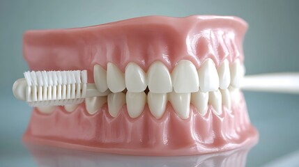 Obraz premium A model of healthy teeth with a toothbrush gently resting against the surface, highlighting proper brushing technique