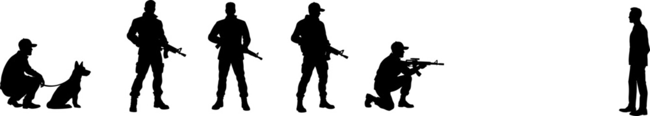 Vektor Körper Silhouette Design Element - Polizei - Team einer Spezialeinheit mit Maschinengewehren und Polizeihund - Sonderkommando im Einsatz - Profil - Zugriff beim Täter