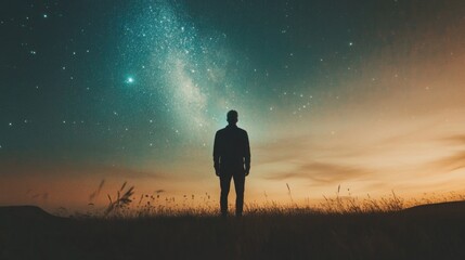 Fototapeta premium Facing my Faith. Man looking at the milky way and stars, 3d rendering.