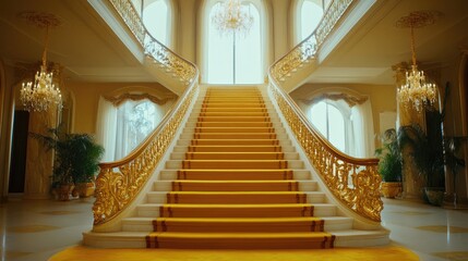 Obraz premium Luxury staircase with gleaming golden railings and a plush yellow carpet, creating an opulent, regal atmosphere.