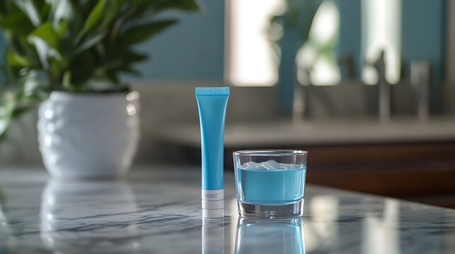 A tube of fluoride toothpaste and a glass of mouthwash placed side by side on a marble countertop, promoting oral care products