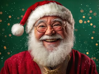 Naklejka premium Babbo Natale with a big smile, dressed in a red suit with gold accents, standing against a vibrant green background filled with festive light bokeh.