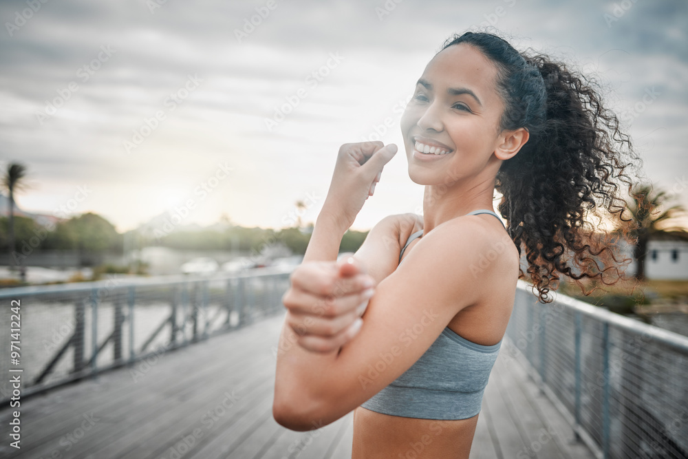 Canvas Prints Woman, happy and stretching arms for fitness, sport and muscle exercise in morning with lake outdoor. Female person, smile and warm up on bridge for health, training or workout with physical activity