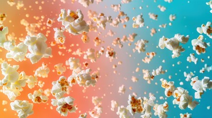 A vibrant explosion of popcorn against a colorful background, creating a joyful and playful atmosphere.