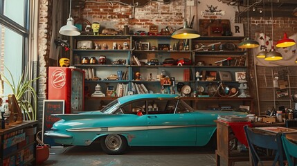 Vintage Turquoise Classic Car in Rustic Interior with Brick Wall  Bookshelves and Pendant Lights