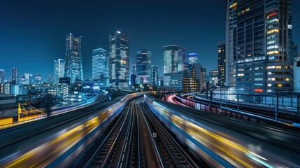 Fototapeta premium Nighttime Cityscape with Blurred Train Lights