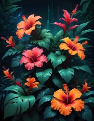 tropical foliage with large green leaves, orange and red hibiscus flowers, and other lush botanical elements against a dark background