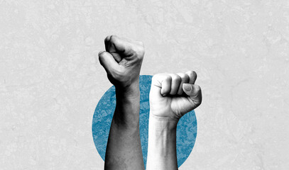 Two hands clenched into a fist for advertising, feminine power. Art collage digital pop modern art.