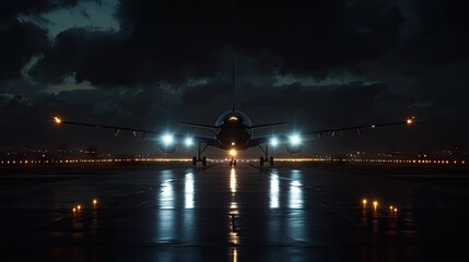 Nighttime airplane landing on a runway, with bright landing lights and the serene backdrop of a dark, calm night.