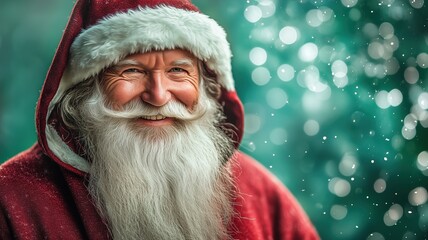 Pere Noel with a joyful smile and a long white beard, dressed in a red hooded cloak with white fur trim, standing against a vibrant green background.