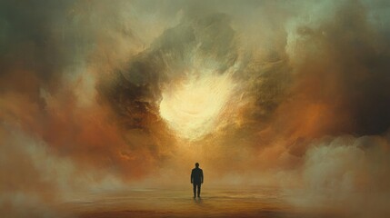 Fototapeta premium Facing my Faith. Man standing in the middle of the clouds. 3d illustration.
