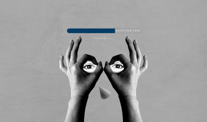 Human hands making gesture for eyes over gray background, eye on virtual loading bar countdown of merry Christmas and happy new year. Art collage digital pop modern art.