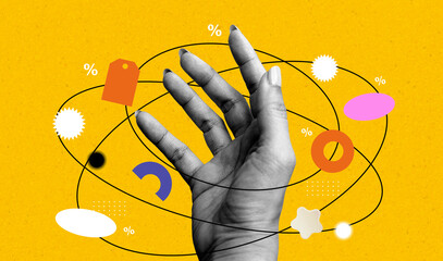 Hand showing five fingers sign with  tag for text on vintage background. Art collage digital pop modern art.