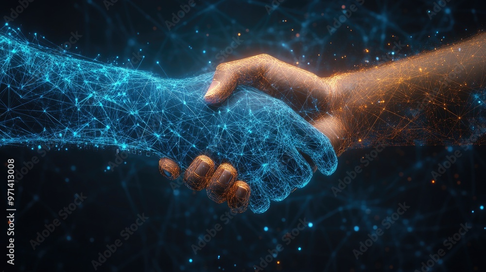 Poster real and digital hands shaking, representing the connection between human and virtual worlds in a co