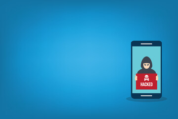 Hacker with hacked note on mobile phone , stealing confidential data, personal information and credit card detail. Hacking concept.	