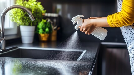 Person cleaning a kitchen countertop with a spray bottle during the day in a modern home
