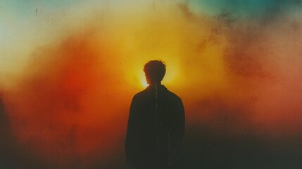 Obraz premium Facing my Faith. Silhouette of a man in the colorful fog. Abstract background.