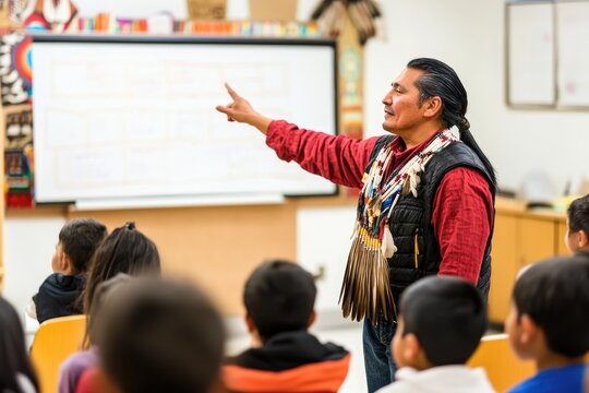 Native American heritage day. classroom with children studying, male teacher teaching them language