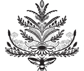 Adobe Illustrator Artwork, Hand drawn decorative flourish with leaves and bee.