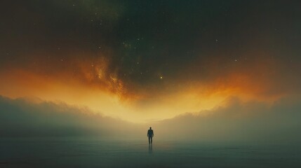 Facing my Faith. Man standing on the sea with starry sky. 3d illustration.