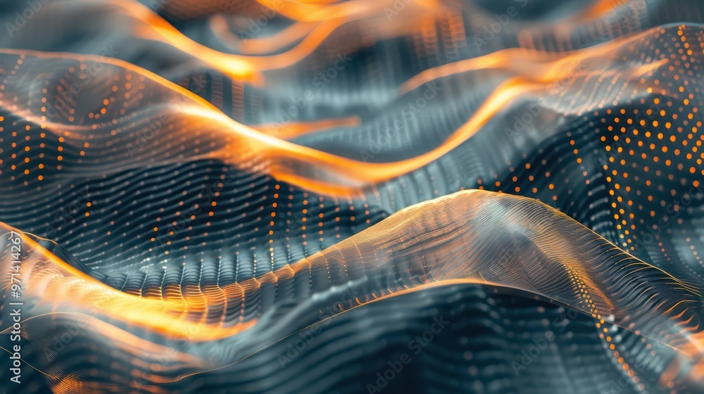 Poster abstract waves with glowing lines and dots create a visually stunning digital landscape, ideal for t