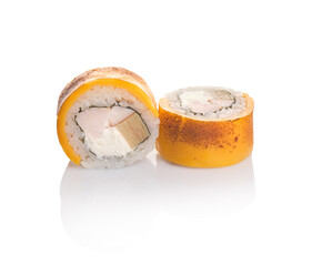 Colorful sushi roll with creamy filling and fresh ingredients displayed on a white background